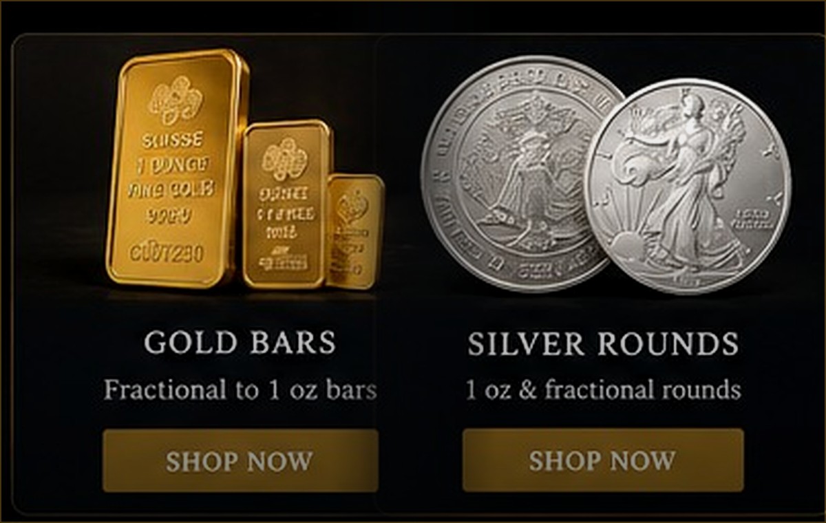 Gold bars and silver rounds arranged as a long-term precious-metals collection