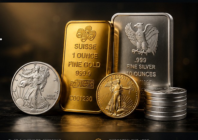 Gold bar, silver bar and precious-metal coins arranged on a dark reflective surface